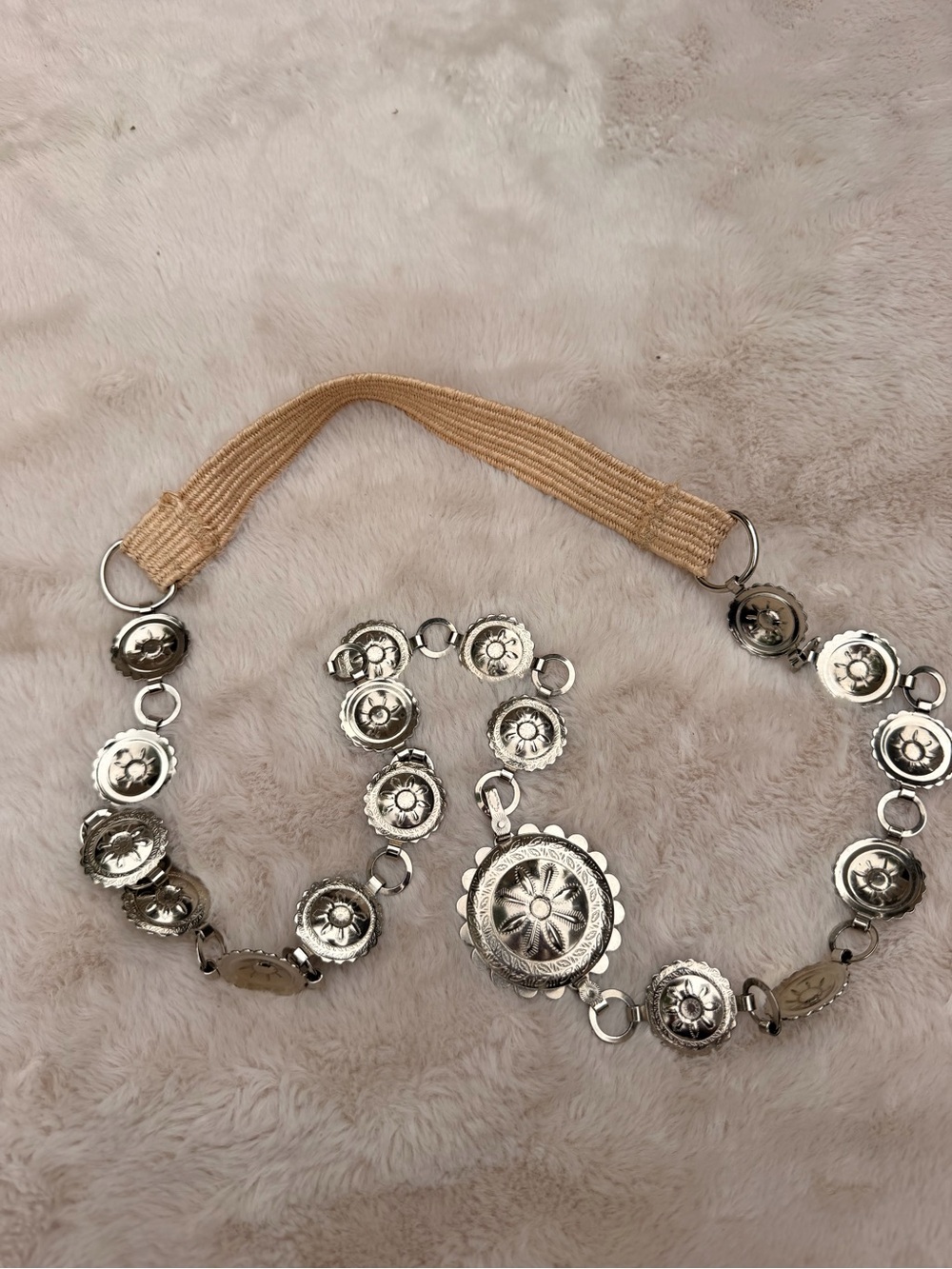 Vintage Silver-Tone Concho Belt with Tan Elastic Strap